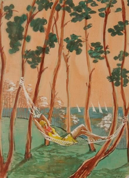 Jean PUY (1876-1960)
Détente au bord de mer. Gouache. Signée en bas à droite. (Petits manques de papier). 34 x 25 cm