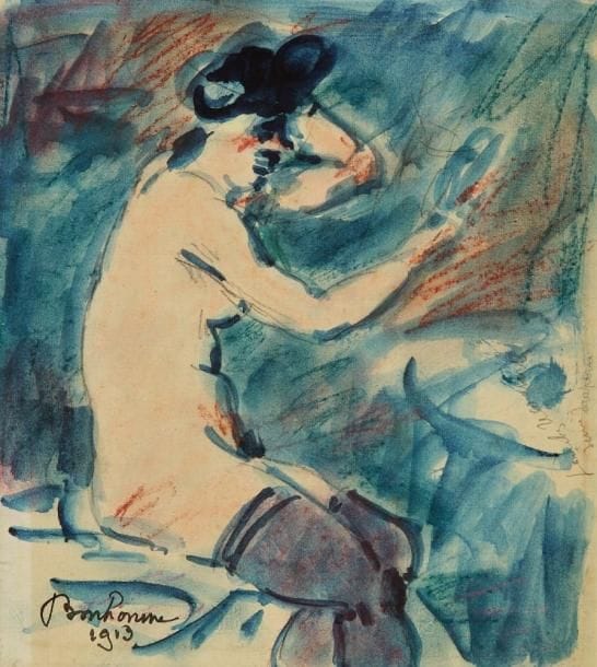 Léon BONHOMME (1870-1924)
Courtisane assise de profil se mirant, 1913. Aquarelle et gouache sur vélin mince. Signée et datée en bas à gauche. 17,7 x 19,7 cm