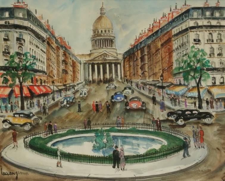 Lucien GENIN (1894-1953)
Paris, le Panthéon. Aquarelle, encre, fusain et gouache. Signé en bas à gauche. 32 x 40 cm