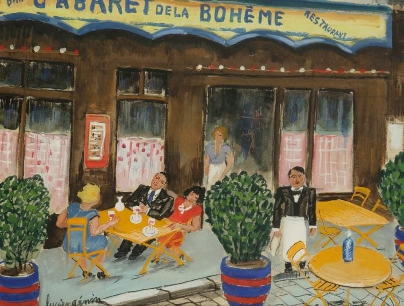 Lucien GENIN (1894-1953)
Paris, Cabaret de la Bohème. Aquarelle, encre, fusain et gouache. Signé en bas à gauche. 23 x 30 cm
