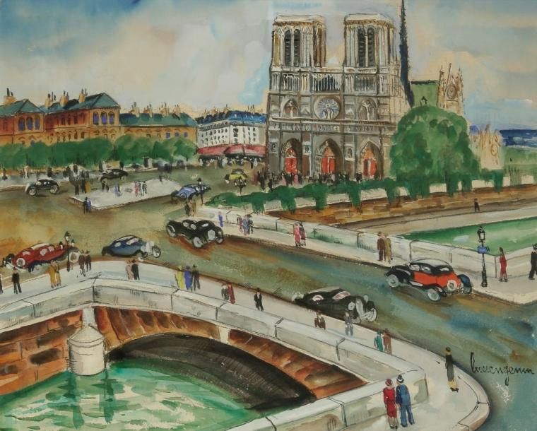Lucien GENIN (1894-1953)
Paris, Notre-Dame. Aquarelle, encre, fusain et gouache. Signé en bas à droite. 32 x 40 cm
