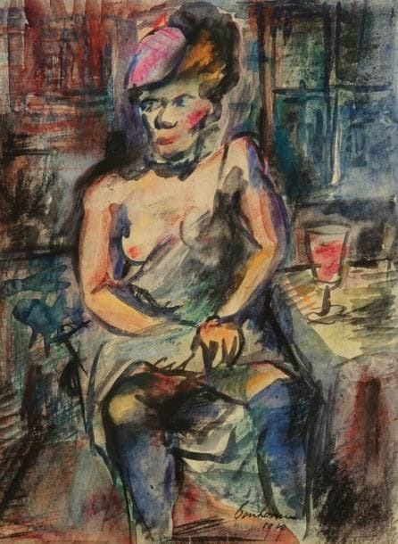 Léon BONHOMME (1870-1924)
Courtisane attablée, 1919. Aquarelle et gouache sur vélin mince. Signée et datée en bas. 26,4 x 19,9 cm. Un certificat de Paule Cailac en date du 22 janvier 1988 sera remis à l?acquéreur