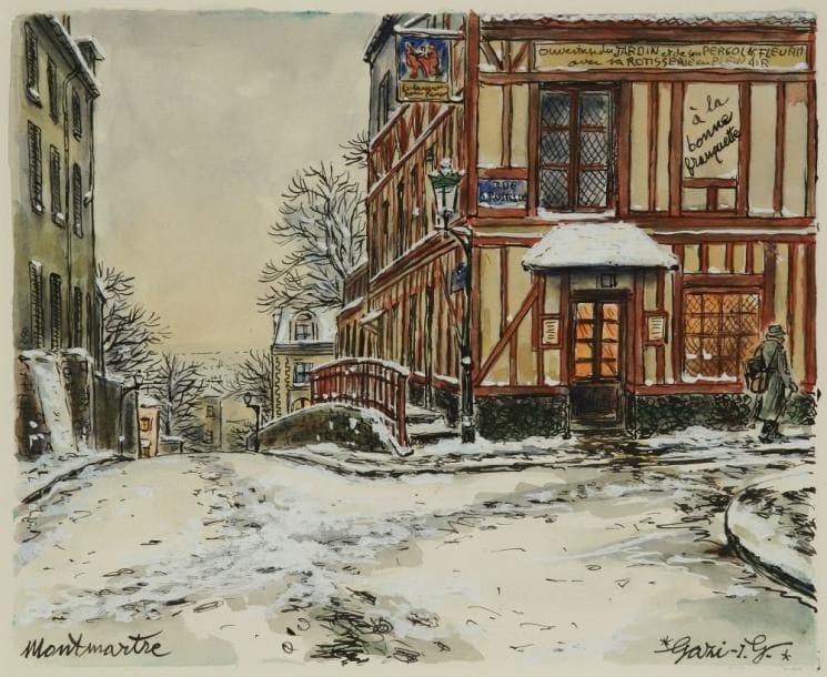 I. G. GAZI (1900-1975)
Montmartre, A la bonne franquette. Aquarelle, encre et rehauts de gouache. Signé en bas à droite et situé en bas à gauche. 23 x 28 cm