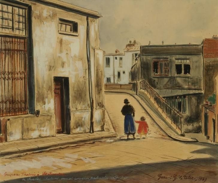 I. G. GAZI (1900-1975)
Montmartre, impasse Trainé, 1939. Aquarelle et encre. Signé et daté en bas à droite. Situé et dédicacé en bas à gauche. 44 x 53 cm