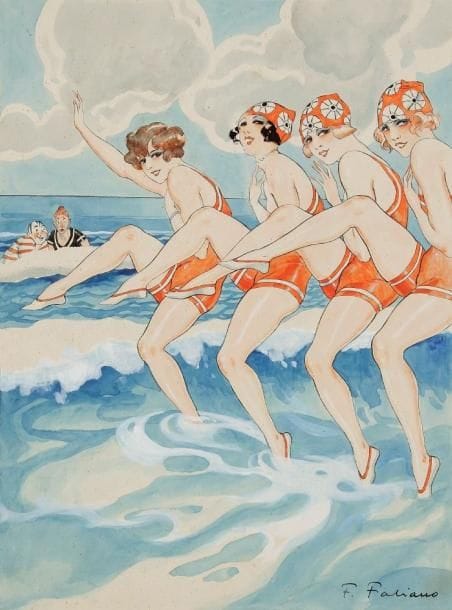 Fabien FABIANO (1883-1962)
Le bain des girls. Aquarelle, encre et rehauts de gouache. Signé en bas à droite. Titré. 42 x 31 cm