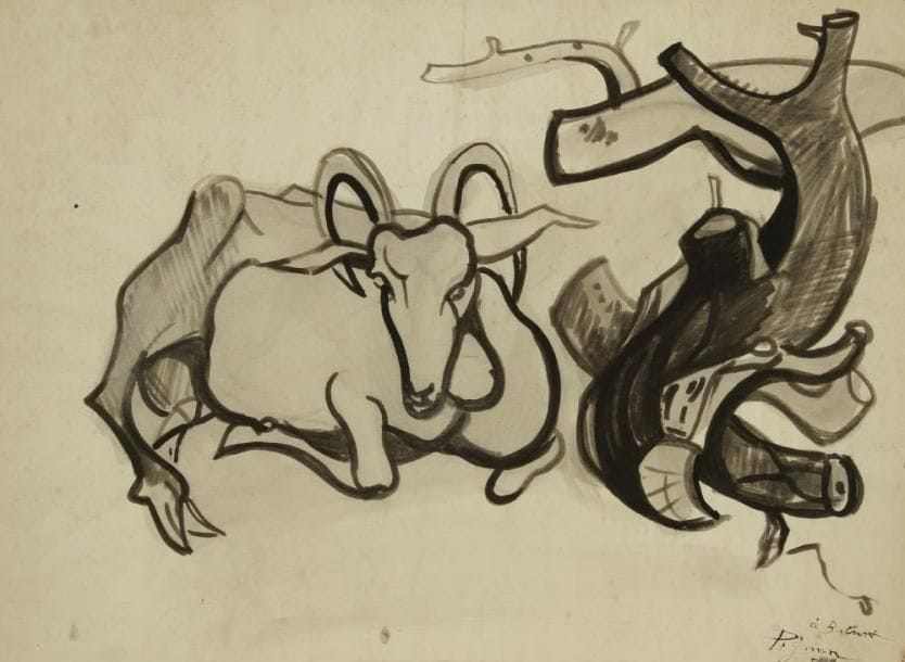 Edouard PIGNON (1905-1993)
Chèvre au repos. Dessin à l?encre et lavis d?encre. Signé et dédicacé en bas à droite. 45 x 61 cm