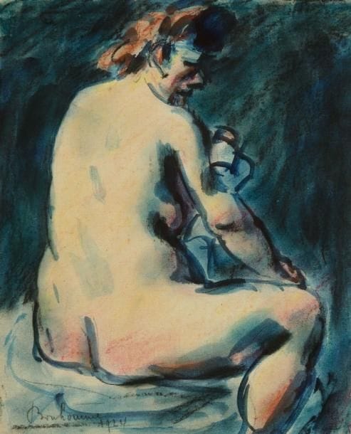 Léon BONHOMME (1870-1924)
Courtisane assise de dos, 1924. Aquarelle et gouache sur vélin mince. Signée et datée à la mine de plomb en bas à gauche. 20,3 x 17 cm