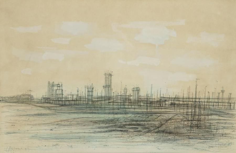 Jean CARZOU (1907-2000)
Le port, 1957. Encre et gouache. Signé et daté en bas à gauche. 33 x 49,5 cm