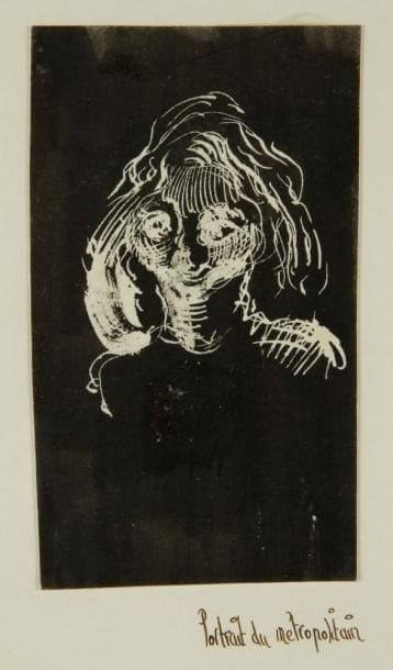 Roland CAT (né en 1943)
Portrait du métropolitain. Encre et grattage. Non signé. Titré par l?artiste sur le montage. 9 x 5 cm