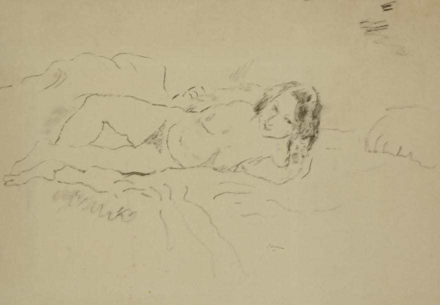 Jules PASCIN (Julius PINKAS, dit) (1885-1930)
Jeune fille allongée, appuyée sur son bras. Pinceau et encre de chine sur vélin crème. Timbré (Lugt 2014a). Au verso, autre dessin (Filles faisant la sieste), timbré. (Petites rousseurs claires éparses). 42,5 x 37,5 cm. Provenance: Galerie Marcel Guiot
