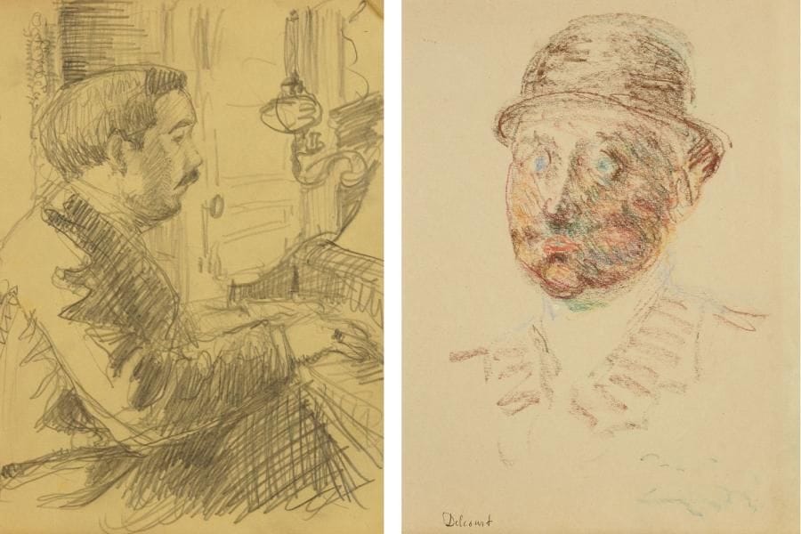 Maurice DELCOURT (1877-1916) (attribué à)
Sujets divers: Femme au panier, Rue de ville, Homme au piano, Femme au fauteuil, Homme au chapeau melon. Vers 1900. Cinq dessins à la mine de plomb ou crayons de couleurs sur vélin. 27,5 x 19,5 cm chaque
