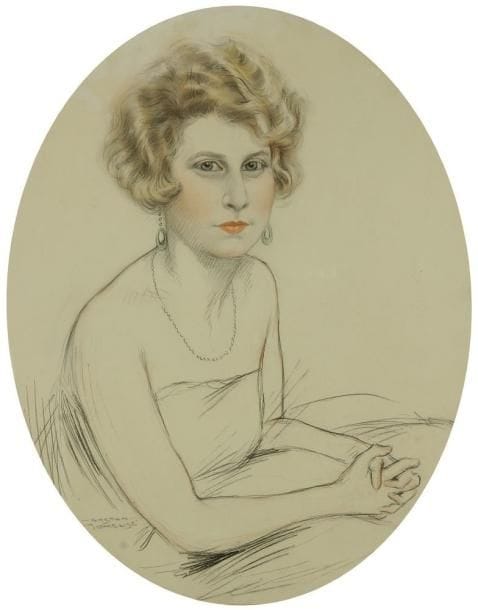 Gaston De CIRMEUSE (1886-1963)
Portrait de femme aux pendants d?oreilles, les mains croisées, vers 1930. Fusain, estompe et crayons de couleurs sur vélin blanc. Signé en bas à gauche. 48,7 x 39 cm (format ovale)