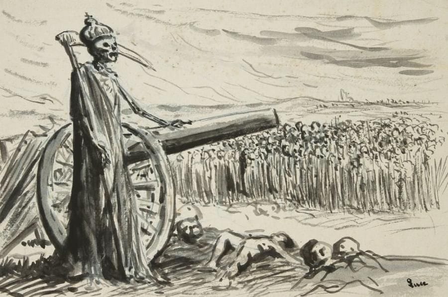 Maximilien Luce (1858-1941)
La Mort au canon, vers 1915. Encre de chine, pinceau et lavis sur traits de crayon bleu, sur vergé mince grisâtre monté à chaud sur vélin blanc fort. Timbre de la signature en bas à droite. 39,2 x 53,8 cm. Dessin de presse probablement envisagé pour. La Bataille Syndicaliste. Provenance: succession de l?artiste