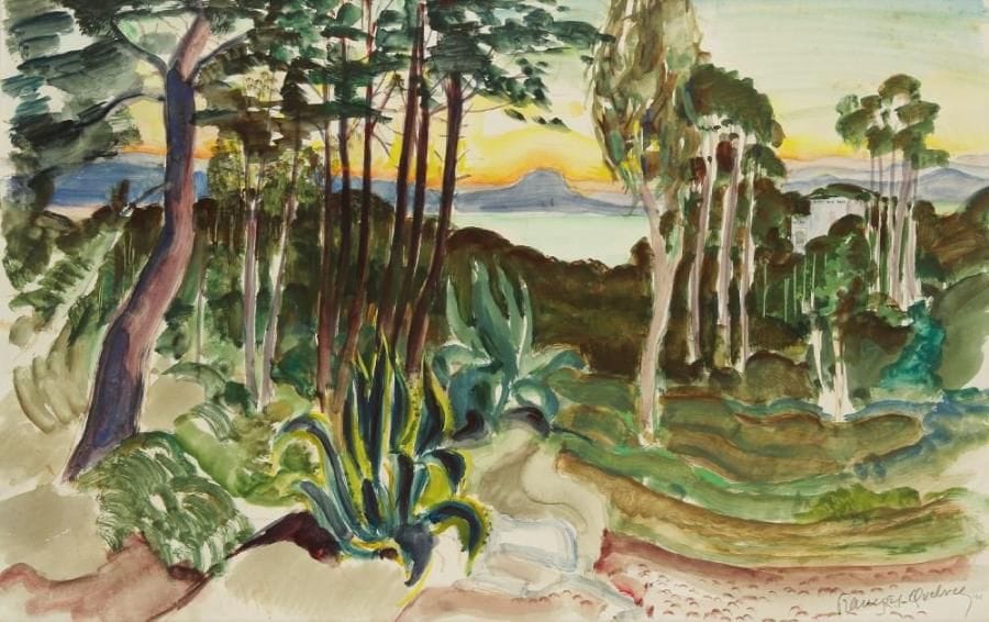 François QUELVEE (1884-1967)
Paysage d?Afrique du Nord, 1946. Gouache et aquarelle sur vélin blanc. Signée et datée à la mine de plomb en bas à droite. 32,5 x 50 cm. Provenance: Galerie Marcel Guiot