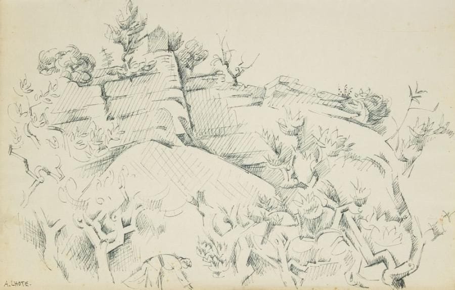 André LHOTE (1885-1962)
Les Hauteurs, Gordes. Plume et encre bleutée sur vergé ancien mince. Signé en bas à gauche. Numéro «2500» au crayon rouge dans l?angle supérieur gauche au verso. (Infimes rousseurs). 22,5 x 34,5 cm. Provenance: Galerie Marcel Guiot