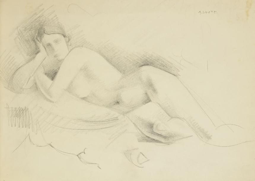 André LHOTE (1885-1962)
Nu allongé, la tête reposant sur la main droite, vers 1925-1930. Mine de plomb sur vélin (page de carnet). Signé à l?encre bleue en haut à droite. (Infimes rousseurs; trou d?épingle dans l?angle inférieur gauche). 27 x 37 cm. Provenance: Galerie Marcel Guiot