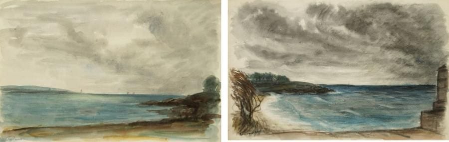 Jean FRÉLAUT (1879-1954)
Marines. Deux dessins à l?aquarelle sur vélin. Signés en bas à gauche. 33 x 51 cm chaque. Provenance: Galerie Marcel Guiot