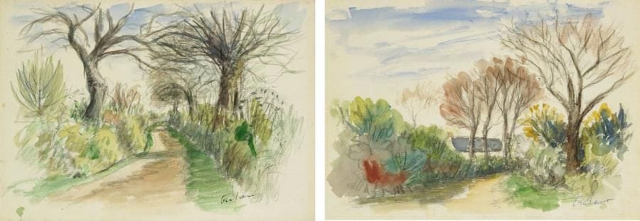 Jean FRÉLAUT (1879-1954)
Le Chemin creux - Route du moulin de Bernard, vers 1925-1930. Deux dessins à l?aquarelle et traits de mine de plomb sur vergé ancien. Signés en bas à droite. 20,8 x 29,5 cm chaque. Provenance: Galerie Marcel Guiot