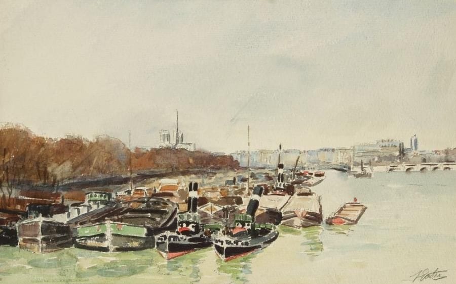 Pierre GATIER (1878-1944)
Quai de la Halle aux Vins, vers 1930. Aquarelle, gouache et traits de pierre noire sur vélin fort grenu. Signée en bas à droite. 32,5 x 50 cm. Provenance: Galerie Marcel Guiot