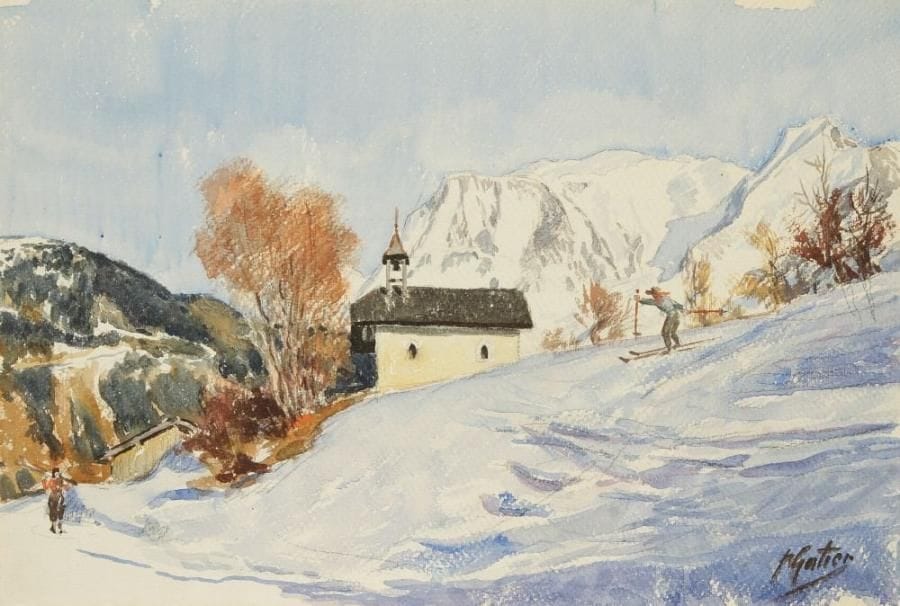 Pierre GATIER (1878-1944)
Paysage au skieur, vers 1930-1940. Aquarelle et traits de mine de plomb sur vélin fort grenu. Signée en bas à droite. 32,5 x 48,5 cm. Provenance: Galerie Marcel Guiot