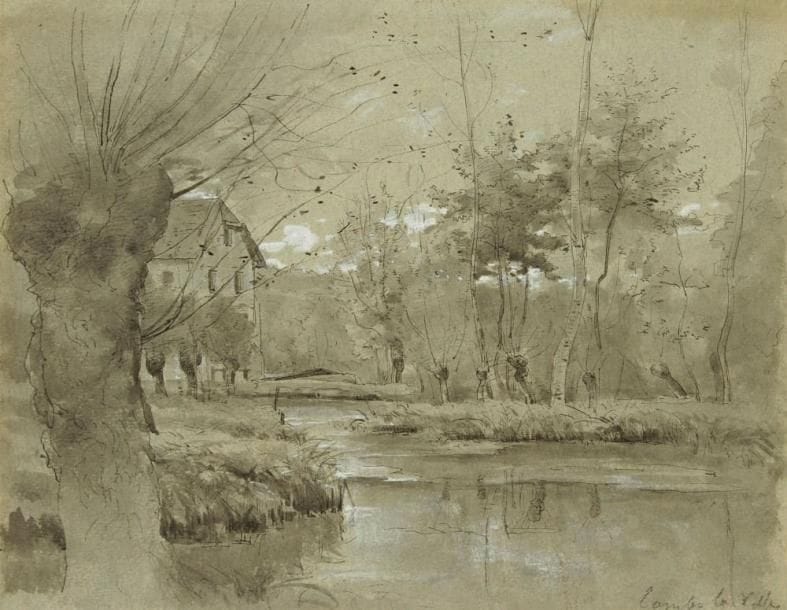 François-Louis FRANÇAIS (1814-1897). (attribué à)
Moulin au bord de l?Yerre, Combs-la-Ville. Plume et encre de chine, lavis et rehauts de gouache blanche sur vélin teinté verdâtre. Titré à la mine de plomb en bas à droite. 23 x 30 cm. Provenance: ancienne collection Maximilien Luce