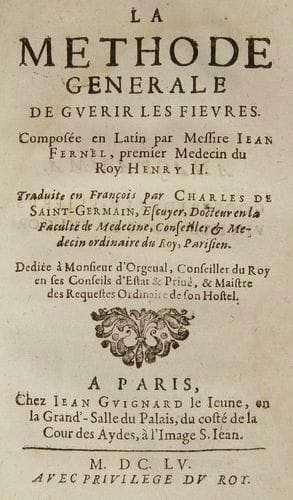 FERNEL (Jean)
Les VII livres de la physiologie. [Suivi de]: La Méthode générale de guérir les fievres. Paris: Jean Guignard le jeune, 1655. - 2 ouvrages en un volume in-8, (12 ff.), 775 pp. ch. 773; (7 ff.), 95 pp. ch. 65. Vélin rigide, dos lisse (reliure de l'époque). Première édition française rare de ces deux traités de Jean Fernel (1497-1558), médecin du roi Henri II, traduits par Charles de Saint-Germain. L'ouvrage sur la physiologie avait paru pour la première fois en 1542 sous le titre De naturali partie medicinæ libri septem. Cette édition est dédiée à Nicolas Fouquet et débute par un Éloge de Jean Fernel, tiré des Éloges des hommes illustres, composé en latin par Scévole de Sainte Marthe et traduit en français par Colletet. Fernel considérait la physiologie comme le fondement et le principe de la parfaite connaissance de la science ou de l'art de la médecine. La Méthode générale de guérir les fièvres avait été publiée pour la première fois en latin à titre posthume par le médecin Jean Lamy en 1577. Manque les premières gardes, étiquette du XIXe siècle au dos. Perforations au titre du premier ouvrage. Galeries de vers avec atteintes au texte, quelques traces de mouillures. Annotations modernes au crayon et au stylo.