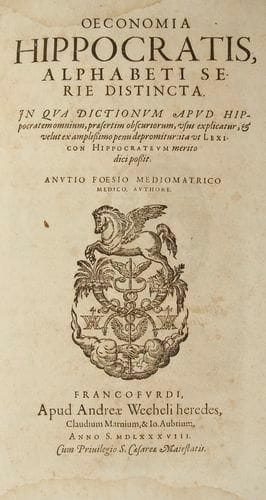 FOËS (Anuce)
Oeconomia Hippocratis, alphabeti serie distincta. In qua dictionum apud Hippocratem omnium, præsertim obscuriorum, usus explicatur, & velut ex amplissimo penu de promitur: ita ut Lexicon Hippocrateum merito dici possit. Francfort: André Wechel, 1588. - In-folio, (4 ff.), 694 pp., (1 f.). Veau brun, dos à nerfs orné, tranches jaspées (reliure du XVIIe siècle). Édition originale de cet ouvrage, fruit d'un immense travail d'études comparatives effectué par le médecin Anuce Foës (1528- 1595) considéré comme l'interprète le plus judicieux qu'ait eu Hippocrate. Il propose ici la réunion de tous les termes obscurs ou équivoques que l'on rencontre dans les écrits d'Hippocrate et en éclaire le sens d'après les meilleurs manuscrits et à partir des citations des écrivains de l'ancienne Grèce, en particulier Galien. Son travail était et reste aujourd'hui un outil précieux pour celui qui veut comprendre les écrits d'Hippocrate. L'édition est illustrée d'un portrait en médaillon de Foës gravé sur cuivre au verso du titre. Reliure frottée, coiffes arrachées, coins émoussés, coup sur les bords. Mouillures dans les marges et rousseurs.