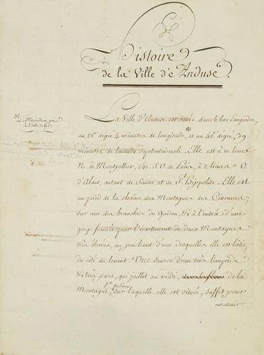ANDUZE PAULET Jean-Jacques, médecin et mycologue (Anduze 1740 - Fontainebleau 1826), Histoire de la ville d?Anduze. Manuscrit du début du XIXe siècle, en français sur papier, avec quelques mots en grec, 133 pp. in-4 dans une reliure cartonnée, avec de très nombreux ajouts, béquets et corrections diverses, non signé mais attribué à «M. Paulet d?Anduze» par une note au crayon sur la première page, mentionnant un plan qui n?est pas joint à l?exemplaire. Travail original extrêmement fouillé, qui semble d?après l?évolution de l?écriture et du texte, s?être étalé sur plusieurs décennies à partir de la fin du XVIIIe siècle, avec quelques additions postérieures (dont une datée de 1926 p. 115), très détaillé en particulier sur les guerres de religion d?abord, puis sur la politique de Louis XIV dans les Cévennes, Anduze ayant été une des principales places «de sûreté» reconnues aux protestants par l?Édit de Nantes. L?auteur est nettement favorable aux protestants et son «Histoire d?Anduze» a été éditée en 1847 à Alès: le présent manuscrit montre le travail extrêmement précis de l?historien. J.-J. Paulet s?est par ailleurs fait connaître, dans le monde médical, par de multiples publications sur la petite vérole, sur le magnétisme animal et sur la mycologie