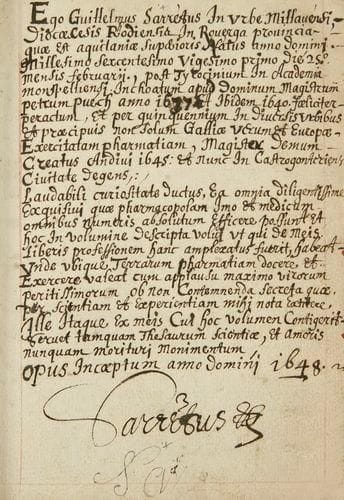 MILLAU - MÉDECINE et PHARMACIE SARRET Guillaume, né à Millau le 25 février 1621. Manuscrit autographe signé, chaque page écrite à l?encre noire entourée d?un filet d?encadrement rouge, traitant uniquement de pharmacie et de médecine (incipit: «Analysis prima de Syrupis», suivi par «De Pulveribus», par «De Pilulis», «De Sparadrapo» etc.), près de 300 ff. de la même main, suivis d?une centaine de f. d?une main et d?une encre différentes, ces derniers entièrement en français, en grande partie en latin mais avec souvent des pages en français, un fort vol. petit in-8 signé en tête par l?auteur, rel. du XIXe siècle demi-basane, dos lisse orné de filets dorés, tranches rouges. L?auteur a résumé au début sa vie: né à Millau, il a étudié à Montpellier avant de s?installer à Châteaugontier où il a commencé à écrire ce livre de pharmacologie, son «Thesaurus Scientiae», en 1648. Ce manuscrit, apparemment inédit, est le reflet des cours reçus à Montpellier de Pierre Puech de 1637 à 1640, enrichis ensuite par l?expérience de l?auteur