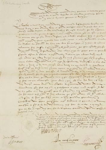MONTMORENCY Henri Ier duc de Montmorency et de Dampville Maréchal et connétable de France, gouverneur et lieutenant général pour le Roi en Languedoc, Lyonnais et Dauphiné, né à Chantilly en 1534 - mort en 1614. Pièce signée, Manduel 30 juin 1573, une p. grand in-folio contresignée Seigneuret (?), sceau plaqué sous papier. Apostille sur une supplique du syndic du diocèse du Puy et pays de Velay demandant des forces armées et citant la damoiselle du château de Joux qui est «de la relligion nouvelle». Le duc de Montmorency ordonne aux gentilshommes ayant maisons fortes dans la région de les faire garder à leurs frais pour que les ennemis du Roi ne puissent s?en emparer. Petits trous au pli avec une consolidation malencontreuse, mais la pièce reste bien lisible. Provenance: cachet de la collection Monge