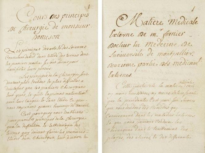 MONTPELLIER - CHIRURGIE et MÉDECINE Deux volumes manuscrits de notes prises par des étudiants à Montpellier au XVIIIe siècle. - CAILHAVA Jean - Cours des principes de chirurgie de M. DOMESON, commencée le 11 juin 1737, finy le même jour de l?année 1738. Tome premier (apparemment complet), 442 pp. c. et 8 ff. de table, manuscrit en français sur papier, rel. ép. plein veau brun usagée, quelques mouillures claires, écriture très lisible. - Cailhavas docteur en médecine à Prussan (le même?) - Matière médicale externe de M. FORNIER, docteur en médecine de l?université de Montpellier. Deuxième partie (seule), 217 pp., suivies après quelques ff. blancs de «De la Vérole avec les réflexions et observations pratiquées pour la guérir», 170 pp., l?ensemble relié en un vol. in-8, plein veau brun, dos à cinq nerfs orné de filets et fleurons dorés (rel. usagée avec manques de cuir). Joints: deux billets a.s. du Pr Grasset de Montpellier, vers 1908. Un «Fournier» était comme chimiste membre de 1737 à 1741 d?une académie montpelliéraine. Est-ce le même que le «Fornier» professeur de médecine? L?ensemble