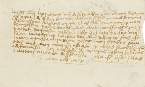 PROVENCE - Juifs Reçu autographe signé par Isaac de Salves, au nom de son beau-père Abram de Torno (ou Torino?), de Johan Bernard de Viens, de six émines d?avoine mesure de Viens. Manuscrit en provençal et en hébreu sur papier, une p. in-12 oblong, s.l., 8 septembre 1461, autographe signé en provençal par Isaac de Salves et en hébreu par Abraham de Torno. Viens (Vegnis) est une commune du Vaucluse