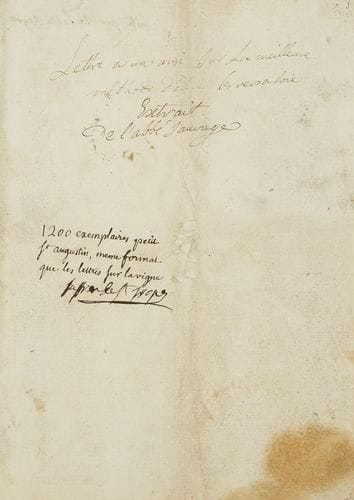 PROVENCE - VERS À SOIE REYRE Abbé (1735-1812, né à Eyguières en Provence, fut professeur à Carpentras et auteur de nombreux ouvrages destinés à la jeunesse) - Lettre à un ami sur la meilleure méthode d?élever des vers à soie, extrait de l?Abbé Sauvage. Manuscrit en français sur papier, 12 ff. recto-verso en feuilles. La couverture en papier d?époque porte le titre manuscrit et l?indication «1.200 exemplaires petit st-augustin, même format que les lettres sur la vigne», signée «Suffren de St Tropez». Joint: La brochure imprimée (1 f. blanc et 34 pp. c., la dernière blanche) correspondante qui précise, en manuscrit, «1.200 exemp. Le 22 fevrier 1779» et en imprimé «Lettre écrite par monsieur l?abbé Reyre». Le texte imprimé étant strictement conforme à celui du manuscrit, celui-ci pourrait être le manuscrit original de Reyre ayant servi pour l?impression. Quant à la note sur la couverture de l?imprimé, elle porte une signature célèbre, mais il ne peut s?agir du célèbre marin qui se trouve en 1779 aux prises avec les Anglais en Amérique
