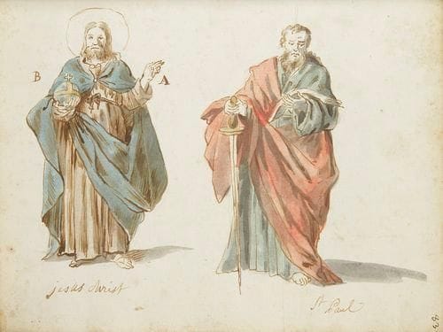 TOULON Livre-répertoire de modèles de saints d?un peintre toulonnais non identifié, peut-être d?origine italienne. Recueil d?aquarelles au format in-8 annotées, dont il reste 12 utilisées, la plupart à deux personnages choisis parmi les saints, et un f. blanc, dans une reliure d?époque en plein parchemin. La dernière représente Aaron et Moïse derrière les Tables de la Loi, avec le premier commandement en français. Joint: Correspondance datée de 1971 du directeur des Archives du Var, ne parvenant pas à identifier l?artiste