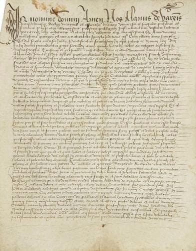 TOULOUSE ALLEMAND Laurent, abbé de SAINT-SERNIN - Manuscrit en son nom, en latin sur parchemin, 6 juillet 1508 et 2 août 1519, 2 ff. in-folio, très soigneusement calligraphiés, non signés. Renonciation par l?abbé de Saint-Sernin, en faveur de son frère, à ses droits sur l?héritage de ses parents (1508), et confimation de cette renonciation après qu?il ait été élu évêque de Grenoble (1519). D?après ce texte, Laurent Allemand aurait obtenu l?abbaye de Saint-Sernin à l?âge de quatorze ans. Sa soeur Hélène sera la mère du chevalier Bayard