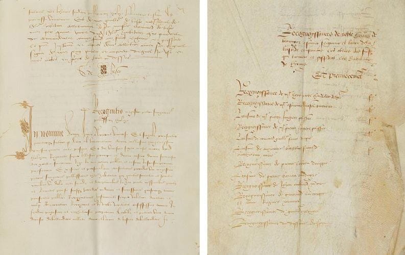 TOULOUSE - ÎLE de TOUNIS Terrier de Denys de Beauvoir, seigneur de La Bastide (aujourd?hui La Bastide-Beauvoir), pour ses possessions dans l?île de Tounis à Toulouse. Manuscrit partie en français, partie en latin, sur parchemin, 2 ff. non chiffrés de table et 60 ff. chiffrés à l?époque formant 16 cahiers inégaux en un vol. in-folio broché, d?une écriture soignée avec grandes lettres ornées parfois de visages grotesques au début de chaque texte, et un écusson armorié dans la signature du notaire Guillaume De Besco. Le manuscrit rassemble les copies, faites en 1549 d?ordre des capitouls et d?Antoine de Rochechouard, baron de Faudoas, sénéchal de Toulouse et d?Albigeois, d?une série d?actes recueillis entre 1523 et 1533 par Arnaud de Besco père, également notaire, au profit de Denys et de Jean de Beauvoir. Très intéressant document sur cette île aujourd?hui disparue, formée par la Garonne et un bras de celle-ci, la Garonnette (comblé en 1953), près des moulins (à eau) du Château Narbonnais et du Pont Neuf, et où travaillaient, ce que l?on retrouve dans le manuscrit, de nombreux teinturiers: le quai de Tounis, qui en perpétue le nom, va du pont Neuf au pont Saint-Michel. Les Beauvoir, seigneurs de la Bastide, ont été plusieurs fois capitouls au XVIe siècle. Petits manques de parchemin aux premiers et dernier ff., sinon bel exemplaire d?un important document dont l?écriture est, pour l?époque, particulièrement belle et lisible. Provenance: chartrier de Castelnau d?Estrètefonds