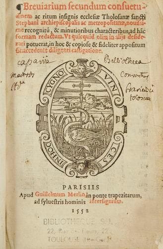 TOULOUSE - BRÉVIAIRE Breviarium secundum consuetudinem ac ritum insignis ecclesiae Tholosanae sancti Stephani archiepiscopalis ac metropolitana, novissime recognitum... Paris, Guillaume Merlin, 1552. 397 ff. c. et 3 ff. n. c. de table, privilège et marque d?imprimeur répétée en un vol. petit in-8, rel. de la fin du XVIIe siècle plein veau brun, dos à nerfs orné de filets fleurons dorés dans les entrenerfs, marque d?imprimeur gravée sur bois au titre. Provenance: ex-libris manuscrit sur le titre du couvent des Franciscains de Toulouse; ex-libris imprimé au premier contreplat des Jésuites de Toulouse. Jolie impression gothique en deux couleurs, noir et rouge, avec de nombreuses initiales à fond criblé (minimes restaurations aux deux premiers ff., coiffes et coins usés avec petits manques de cuir, sinon bon exemplaire). Aucun exemplaire au CCFr