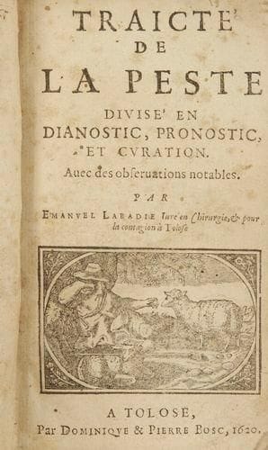 TOULOUSE - MÉDECINE LABADIE Emmanuel - Traicté de la Peste, divisé en dianostic, pronostic et curation. Avec des observations notables. Par Emmanuel Labadie, Juré en chirurgie, & pour la contagion à Toulouse. Toulouse, Bosc, 1620. 8 ff. n. c. titre compris et 148 pp. c. en un vol. in-12, rel. ép. plein veau brun, dos à cinq nerfs orné de filets et fleurons dorés, vignette gravée sur bois sur le titre (accidents et petits manques au dos, coins élimés). Livre déjà rare au XVIIIe siècle, comme en témoigne la note manuscrite suivante au verso du faux titre: «Ce traité est rare et extrêmement estimé. Je l?ai vu porter jusqu?à 6 ll. dans des ventes publiques à Paris». Emmanuel Labadie en avait d?abord publié, dès 1608, un abrégé en 48 pp., dont le CCFr ne signale qu?un seul exemplaire