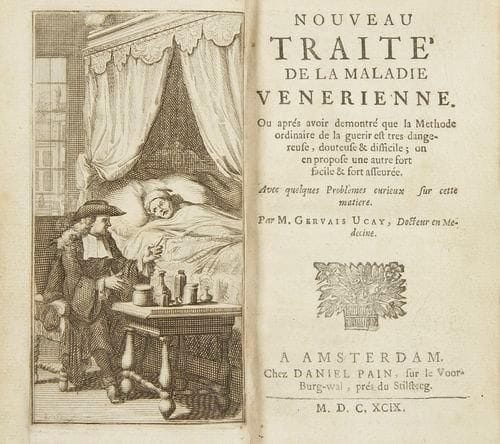 TOULOUSE - MÉDECINE UCAY Gervais, Nouveau traité de la maladie vénérienne... avec quelques problèmes curieux sur ces matières. Amsterdam, Pain, 1699. 259 pp. c. et 2 p.n. c. en un vol. in-12, rel. ép. plein veau brun, dos à cinq nerfs orné de filets et fleurons dorés, tranches rouges mouchetées, joli frontispice représentant un médecin en costume assis au chevet de son patient. Il n?y a ici que XVI problèmes, alors qu?on en compte XVII, sans compter les vingt pages d?additionnels, dans le volume précédent. Charmant exemplaire