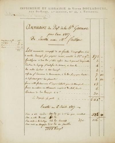 TOULOUSE et LANGUEDOC - IMPRIMEURS et LIBRAIRES du XVIe au XIXe siècle. Ensemble de documents manuscrits et imprimés sur les métiers d?imprimeur et de libraire dans le Midi de la France: Facture de Françoys Perot et Antoine Mauron, libraires de Toulouse, pour avoir mis en ordre la bibliothèque de feu Michel de Vabres, conseiller au parlement, contresignée par Michel du Faur Seigneur de Saint Jory, 28 février 1546, une page in-4 (petit trou avec perte de quelques lettres); liste de livres prêtés par le libraire Birosse de Toulouse à la présidente de Foucault (dont Thérèse philosophe!) en 1760; reçu au nom de la veuve Guillemette, imprimeur, pour l?impression d?un pièce de procédure en 1780; facture de la veuve Douladoure pour l?annuaire de la Haute Garonne en 1807; reçus de diverses administrations pour les frais d?achat de l?instruction sur les Poids et mesures (1811); catalogue des livres de Monsieur le chevalier de Montlezun (famille originaire de Gascogne), s.l.n.d. (fin du XVIIIe siècle), 4 pp. in-4 br. Le dossier