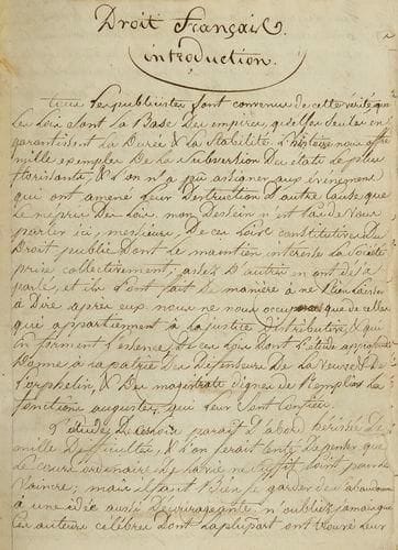 TOULOUSE - HISTOIRE DU DROIT FURGOLE Jean-Baptiste, Commentaire sur le Code Napoléon, dicté pendant les années 1808, 1809, 1810 et 1811. Manuscrit autographe signé d?un de ses élèves, C. d?Hiver d?Auriac, plus de 500 ff. in-4, à l?encre sur papier, relié à l?époque en un vol. demi-basane usagée. Oeuvre inédite du dernier représentant de la célèbre dynastie de juristes toulousains, très représentative de l?effort d?adaptation des anciennes loix aux injonctions du nouveau code civil promulgué en 1804. Ce même J. B. Furgole avait publié en 1810 à Paris «le Nouveau Furgole ou traité des testaments... mis en rapport avec les principes du Code Napoléon». Le présent cours, réparti sur quatre années d?enseignement, est resté pour sa plus grande part inédit