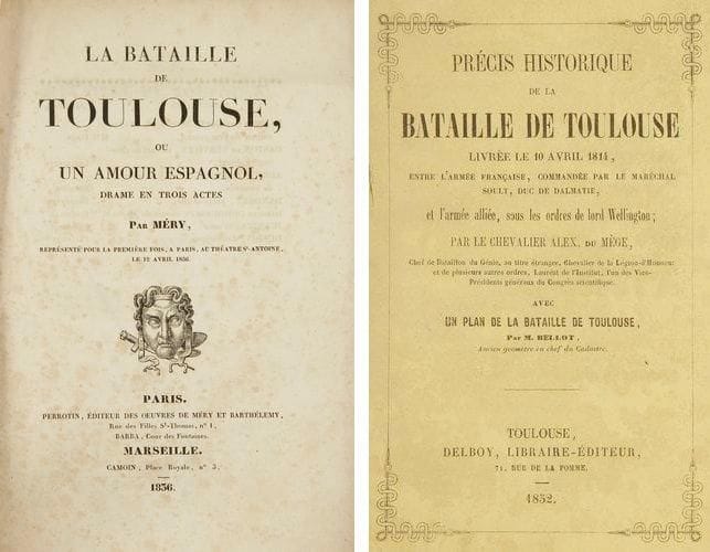 TOULOUSE - BATAILLE DE TOULOUSE EN AVRIL 1814 DU MEGE Alexandre Chevalier, Précis historique de la bataille de Toulouse livrée le 10 avril 1814, entre l?armée française commandée par le maréchal Soult, duc de Dalmatie, et l?armée anglaise, sous les ordres de lord Wellington... avec un plan de la bataille de Toulouse. Toulouse, Delboy, 1852. Un vol. in-12 couv. d?origine conservée, plan dépliant à la fin en parfait état (usures et manques au dos du volume, sinon bon ex. sans rousseurs). Joint: - Six l.a.s. de M. de Combettes-Caumont à sa femme et à son beau-père réfugiés à Caumont puis à Gaillac, 30 mars, 31 mars, 2 avril, 4 avril, 6 avril et 4 juin 1814, 12 pp. in-8 et in-12. Donnent des nouvelles de la situation juste avant et après la bataille: mouvements des troupes, rumeurs sur l?arrivée de douze mille hommes pour défendre Toulouse, logement des soldats chez les habitants, rumeurs (départ annoncé des Anglais le 31 mars, Soult étant nommé ambassadeur à Londres), transport par ordre de Cafarelli de la comptabilité officielle à Cahors, passage de la rivière à Pinsaguel par les Anglais à qui Soult «a offert bataille qu?ils ont refusée», occupation par les Anglais des routes de Fronton et Montauban («notre position devient chaque jour plus affreuse» le 4 avril), inquiétudes pour Paris dont la route est coupée le 6 avril, inquiétudes encore le 4 juin pour l?arrivée de troupes françaises qui vont être logées chez l?habitant, etc. Cette correspondance intime donne ainsi un vécu presque pantelant, très différent du récit de l?historien, des évènements vus par un aristocrate de la ville: l?auteur des lettres est vraisemblablement Joseph-Marie de Combettes-Caumont (1771-1855), qui instruisit sous la seconde restauration l?affaire du meurtre à Toulouse, le 15 août 1815, du général Ramel et fut ensuite, à titre de récompense, élevé par Louis XVIII à la dignité de vicomte. Une des lettres ici présentées, le 31 mars 1814, mentionne une promenade avec un nommé «Ramel».: il s?ag