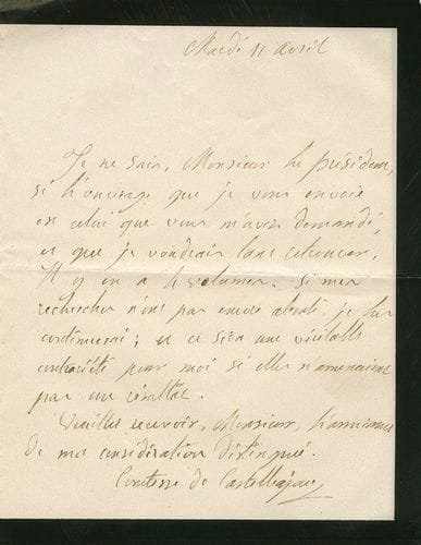TOULOUSE - VIE POLITIQUE ET CULTURELLE AU XIXE SIÈCLE Archives d?Adolphe CAZE (1798-1868), avocat en 1820, député de la Haute-Garonne en 1838, vice-président du Conseil général en 1840, conseiller municipal de Toulouse en 1849, président de la Cour d?Appel de Toulouse en 1860, membre des académies des Jeux Floraux et de celle de législation. Environ un millier de lettres diverses, plusieurs centaines de factures et quelques documents, plusieurs milliers de pages au total. Parmi ces documents, on relève un ensemble important concernant l?établissement à Toulouse d?une loterie pour terminer la cathédrale Saint-Étienne, des correspondances sur les travaux de la Société archéologique du Midi de la France, une lettre d?un archevêque de Toulouse, une d?un évêque de Pamiers, une d?un président de consistoire protestant et deux l.a.s. sur papier de deuil (enveloppes jointes) de Madame de Castelbajac, née de Villeneuve, relatives en 1865 au désordre de sa bibliothèque et à des brochures qu?elle ne retrouve pas: c?est Léontine de Villeneuve (1803-1897), «l?Occitanienne» de Chateaubriand, que celui-ci, à 60 ans, avait connu à Cauterets en 1828 alors qu?elle n?avait que 25 ans, qui ne lui céda pas et avec qui il entretint une correspondance passionnée (soixante-dix lettres conservées). Le mari de l?Occitanienne était un collègue d?Adolphe Caze, comme lui président de chambre à la Cour Impériale de Toulouse
