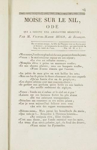 TOULOUSE - JEUX FLORAUX AU XIXE SIÈCLE - VICTOR HUGO Recueil de l?Académie des Jeux Floraux 1820. Toulouse, Dalles, s.d. (1820). Un vol. in-8 rel. ép. plein veau vert, dentelle d?encadrement dorée à palmettes, dos lisse orné de filets et fleurons dorés, tranches jaunes. Bel exemplaire (dos légèrement insolé) de cette année particulièrement recherchée car elle contient en édition originale trois des premières oeuvres publiées sous son nom par le jeune Victor-Marie Hugo alors âgé d?à peine dix huit ans, trois poèmes: Moïse sur le Nil (qui valut au poète une amaranthe d?or), Le Jeune Banni et Les Deux Âges. Bel exemplaire en pleine reliure strictement contemporaine. Joint: - Montgolfier, Élégie présentée au concours de l?Académie des Jeux Floraux de Toulouse en 1833. Manuscrit anonyme en français sur papier (épigraphe en latin), un f. de titre, 1 f. d?épigraphe et un f. de texte en vers, formant un cahier petit in-4 broché, les autres pages blanches. - VILLENEUVE Albert, «des Jeux Floraux», 1874. Poésies. Brochure de 37 pp. c. en un vol. petit in-8 br. sous couv. muette, annotée «Exemplaire rectifié», le texte portant de très nombreuses ratures, variantes et corrections autographes. Albert Villeneuve (1806-1887), ancien élève du collège de Sorèze, fut conseiller puis procureur à la Cour Impériale de Toulouse. Il a publié dans les recueils de l?Académie des Jeux Floraux des traductions en vers d?Horace, Virgile et Catulle, en 1885. Les trois volumes