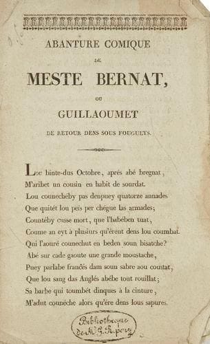 LITTÉRATURE GASCONNE - BORDEAUX VERDIE Jean-Antoine (Mestre Verdié, 1779-1820) Ensemble de onze brochures en gascon, dont une, en double, accompagnée de plus du texte manuscrit correspondant (autographe?). Bordeaux, début du XIXe siècle, éditeurs divers, format in-8, certaines encore non coupées. Joint: Un dossier sur les fêtes du centenaire de Mestre Verdié en 1922 (articles de journaux et deux lettres d?organisateurs) et une brochure in-8 de A. LAVACHE «Lou grand piarille de Bruges et Jantot lou boussut ou la coundamnatioun daou libre de Renan». Bordeaux, 1864, couv. cons., virulente satire en vers attaquant la Vie de Jésus de Renan. Le dossier