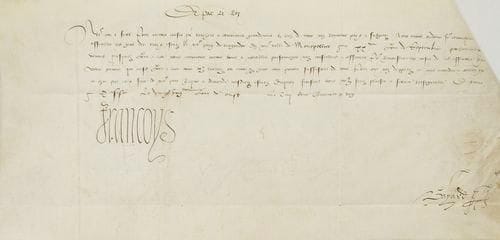 FRANCOIS PREMIER - ÉTATS DU LANGUEDOC Lettre signée «François» (secrétaire de la main?), contresignée Bayard, 21 août 1541, une p. in-folio oblong en français sur vélin, adresse au verso. Invitation adressée au baron de Castelnau d?Estretefonds de se rendre à Montpellier pour la prochaine session des États du Languedoc, le 20 septembre suivant. Très beau document, en parfait état