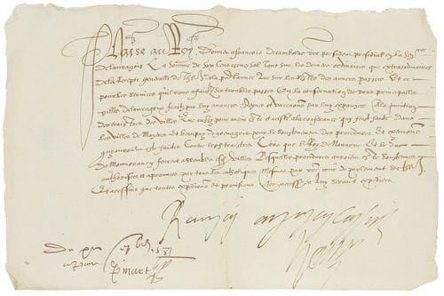 HENRI III, roi de France Apostille signée avec quelques mots autographes sur une demande de François de Cambolas, président du présidial de la sénéchaussée de Lauragais, s.l., 12 septembre 1581, une page in-8 oblong. Demande d?une rétribution de six cents livres pour les services de François de Cambolas depuis plusieurs années pendant «les troubles passez?en la conservation de vos principalles villes de Lauragoix... et à la punition des traistres des villes... ainsi que pour avoir assisté à la conférance qui feust faicte dans les villes de Mazères et Beaupuy de Grenagois pour le soustenement des procédures quy auroient été faictes contre les traistres lors que le Roy de Navarre et le duc de Monmorancy feurent assemblés esdites villes...». Annotée au dos «Pour le président de Lauragoix». Provenance: chartrier de Castelnau d?Estrètefonds