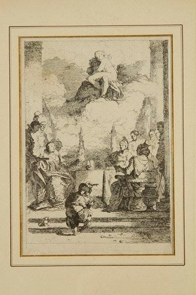 Jean-Honoré FRAGONARD (1732-1806)
Le Festin d?Antoine et de Cléopâtre. Eau-forte d?après G. B. Tiepolo (peinture du palais Labia, Venise). 113 x 165. Baudicour 23; Wildenstein XII; I.F.F. 11. Bonne épreuve rognée à l?intérieur du coup de planche, collée sur vélin. Sous verre