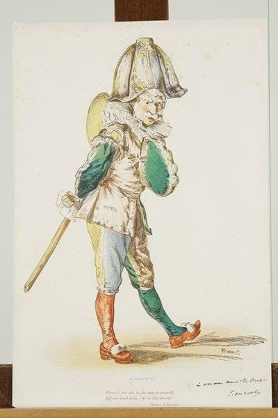 Edouard MANET (1832-1883)
Polichinelle. 1874. Lithographie. 312 x 420 [330 x 493]. Guérin 79; Bareau-Berès 83; Fisher 61. Impression en couleurs. Intéressante épreuve sur vélin blanc, du second tirage (à nombre) avec la lettre, lavée puis doublée sur vélin fort, dédicacée à la plume «à mon ami A. Hecht» et signée (avec forte trace de vernis protecteur sur la signature, consécutive au nettoyage, visible par transparence). Quelques rousseurs claires. Marges réduites. «Unique estampe en couleurs réalisée par Manet. Le modèle était un de ses amis, le peintre Edmond André, qui figure également dans ce costume dans le tableau intitulé Bal masqué à l?Opéra (Washington, National Gallery of Art) refusé par le jury du Salon. Manet avait lancé un concours entre poètes pour la rédaction de deux vers à inscrire sous l?image de son Polichinelle. Il choisit les alexandrins de Théodore de Banville (1823-1891) qui était considéré comme l?un des plus éminents poètes de son temps. En 1876, la lithographie fut retirée à 8 000 exemplaires pour être offerte en prime aux abonnés du journal Le Temps. La censure ayant cru reconnaître une caricature du général Mac-Mahon, elle en interdit la diffusion.» (Source: INHA). Sur les 8000 épreuves, 1500 furent effectivement détruites, selon Rançon, neveu de Lemercier et conducteur lors du tirage