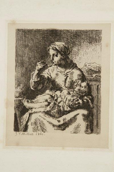 Jean-François MILLET (1814-1875)
La Bouillie. 1861. Eau-forte. 158 x 188. Delteil 17. Très belle épreuve sur chine appliqué. Quelques larges rousseurs claires. Petites épidermures autour du sujet. Traces d?oxydation au verso. Bonnes marges (légèrement rognées en tête et en pied). Tirage postérieur (1903 ou 1906) Ex-coll. Fritz Gross (Lugt non décrit)